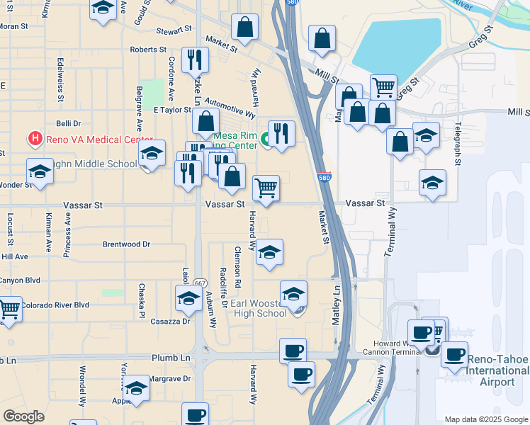 map of restaurants, bars, coffee shops, grocery stores, and more near 1755 Vassar Street in Reno