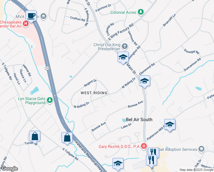 map of restaurants, bars, coffee shops, grocery stores, and more near 107 Regent Dr in Bel Air