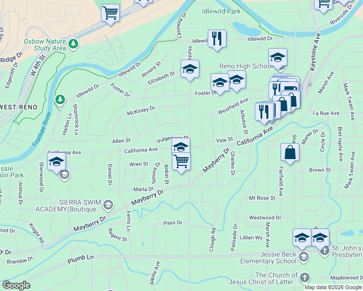 map of restaurants, bars, coffee shops, grocery stores, and more near 1445 California Avenue in Reno
