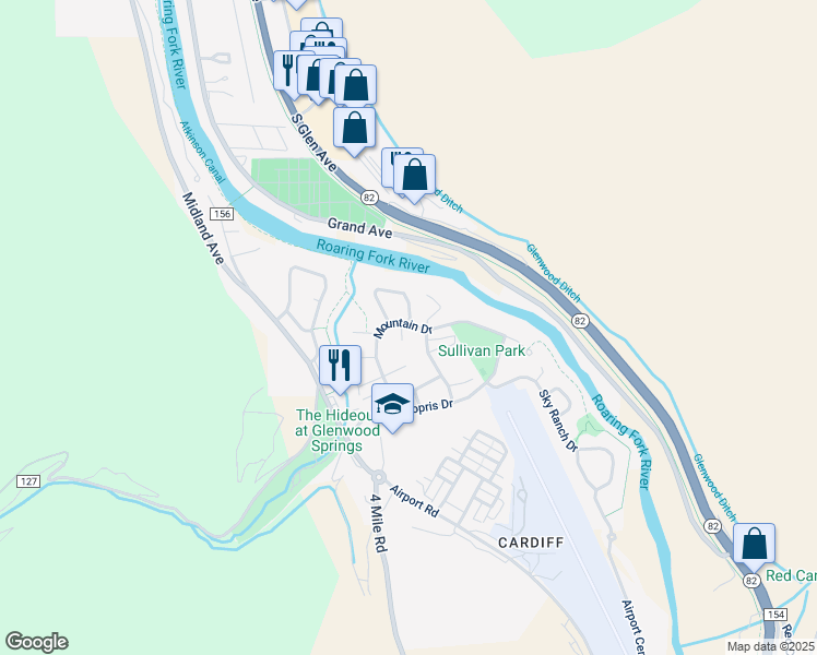 map of restaurants, bars, coffee shops, grocery stores, and more near 3700 Mountain Drive in Glenwood Springs