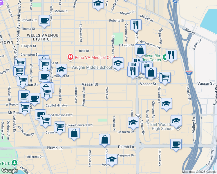 map of restaurants, bars, coffee shops, grocery stores, and more near 1060 Vassar Street in Reno
