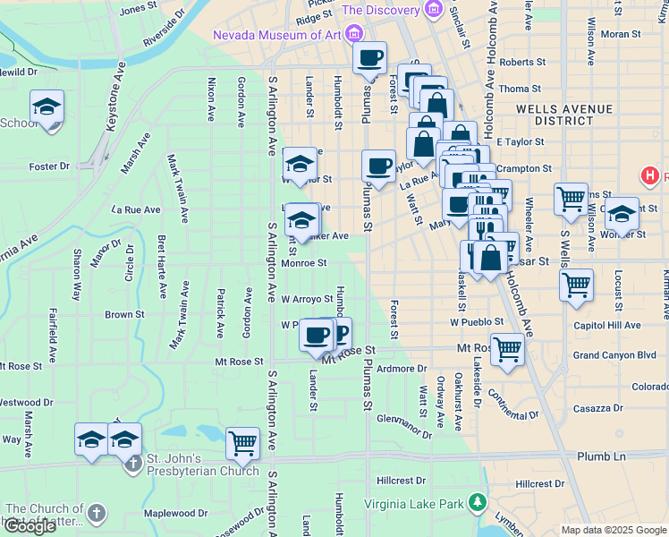map of restaurants, bars, coffee shops, grocery stores, and more near 537 Monroe Street in Reno