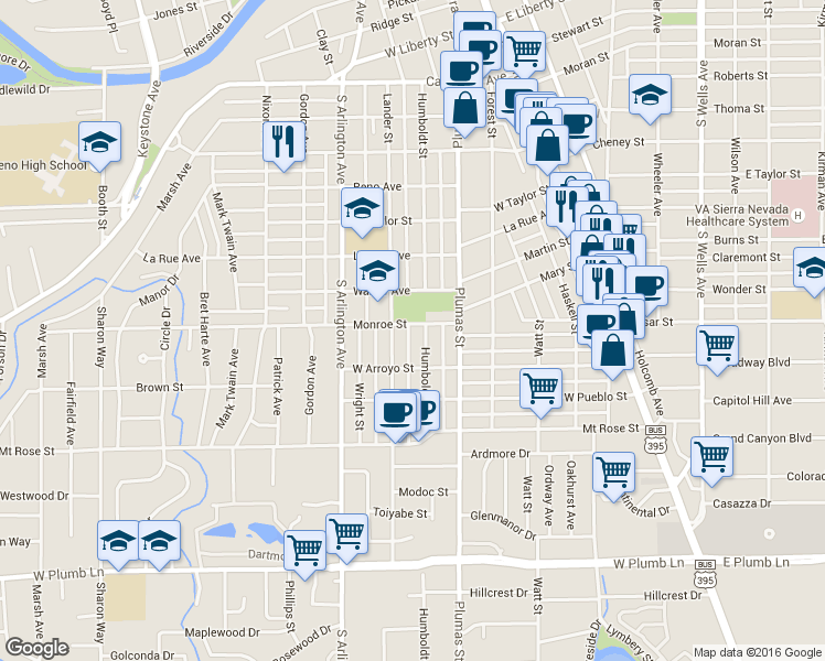 map of restaurants, bars, coffee shops, grocery stores, and more near 537 Monroe Street in Reno