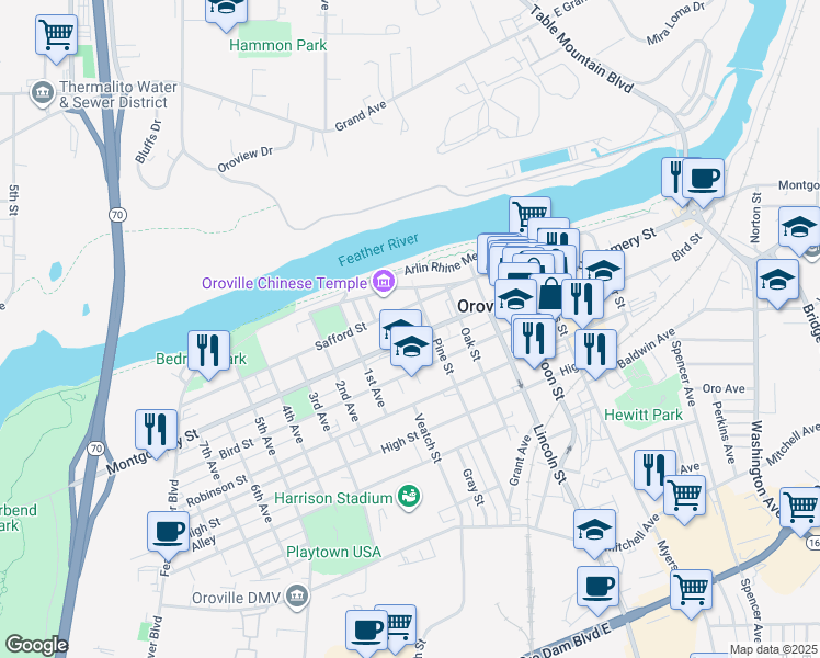 map of restaurants, bars, coffee shops, grocery stores, and more near 1255 Pine Street in Oroville