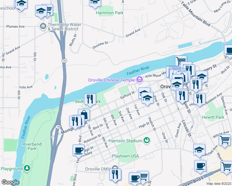 map of restaurants, bars, coffee shops, grocery stores, and more near 1120 2nd Avenue in Oroville