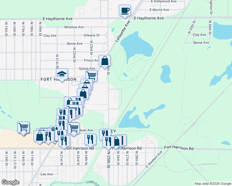 map of restaurants, bars, coffee shops, grocery stores, and more near 2553-2699 Joyce Drive in Terre Haute