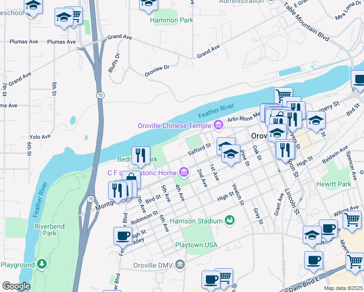 map of restaurants, bars, coffee shops, grocery stores, and more near 10 Hemstalk Court in Oroville