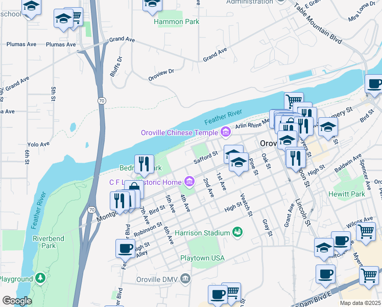 map of restaurants, bars, coffee shops, grocery stores, and more near 1150 2nd Avenue in Oroville