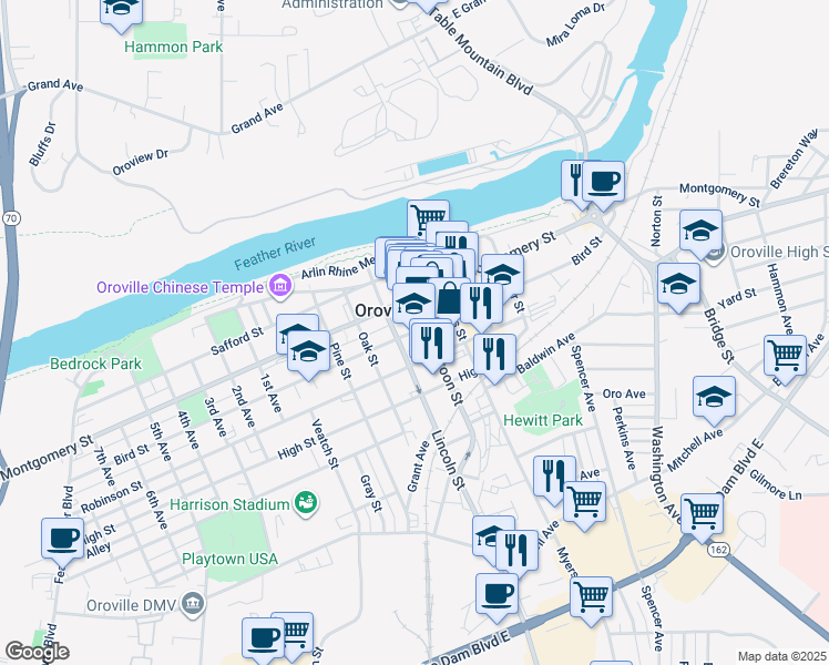 map of restaurants, bars, coffee shops, grocery stores, and more near 1859 Bird Street in Oroville
