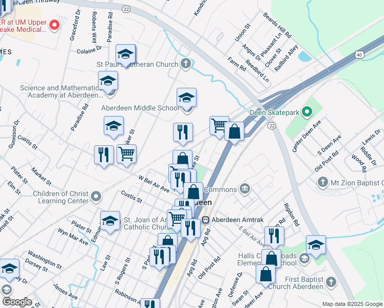 map of restaurants, bars, coffee shops, grocery stores, and more near 21 Franklin Street in Aberdeen