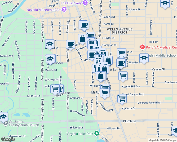 map of restaurants, bars, coffee shops, grocery stores, and more near 125 Caliente Street in Reno