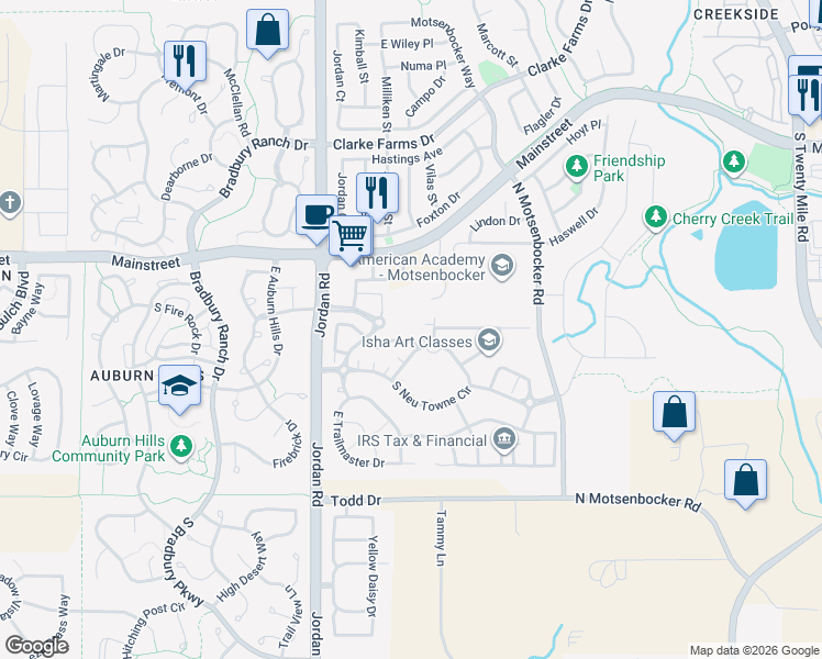 map of restaurants, bars, coffee shops, grocery stores, and more near 17185 East Cedar Gulch Drive in Parker