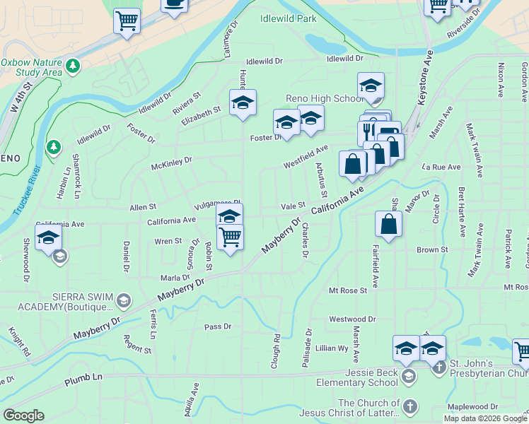 map of restaurants, bars, coffee shops, grocery stores, and more near 2437 Westfield Avenue in Reno