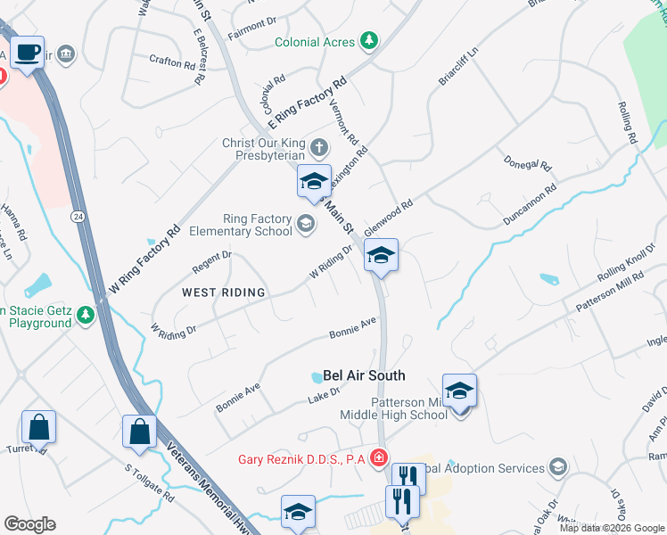 map of restaurants, bars, coffee shops, grocery stores, and more near 5 West Riding Drive in Bel Air