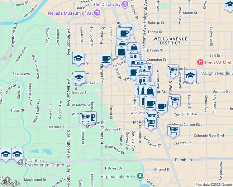 map of restaurants, bars, coffee shops, grocery stores, and more near 1176 Forest Street in Reno