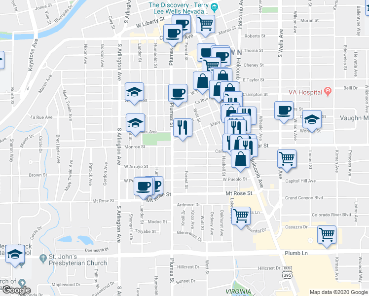map of restaurants, bars, coffee shops, grocery stores, and more near 1176 Forest Street in Reno