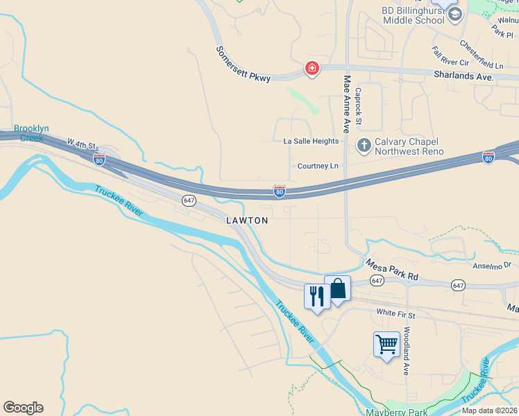 map of restaurants, bars, coffee shops, grocery stores, and more near 8455 Leroy Street in Reno