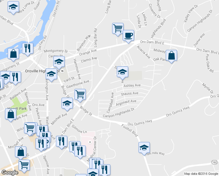 map of restaurants, bars, coffee shops, grocery stores, and more near 3364 Ashley Avenue in Oroville