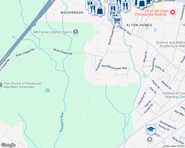 map of restaurants, bars, coffee shops, grocery stores, and more near 121 Kretlow Drive in Aberdeen