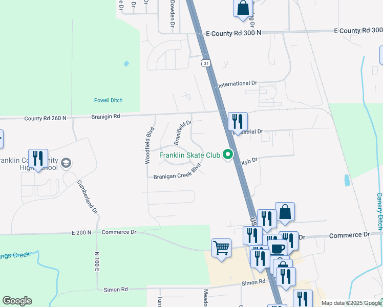 map of restaurants, bars, coffee shops, grocery stores, and more near 1168 Fielding Lane in Franklin