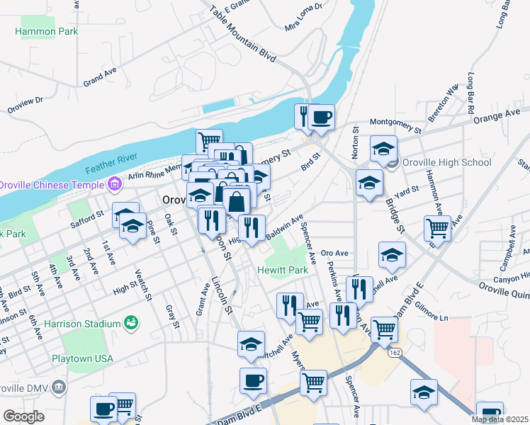 map of restaurants, bars, coffee shops, grocery stores, and more near 1480 Oliver Street in Oroville