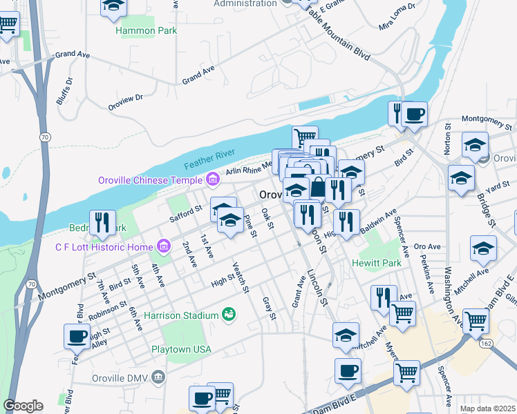 map of restaurants, bars, coffee shops, grocery stores, and more near 1675 Montgomery Street in Oroville