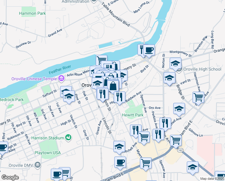 map of restaurants, bars, coffee shops, grocery stores, and more near 1489 Myers Street in Oroville