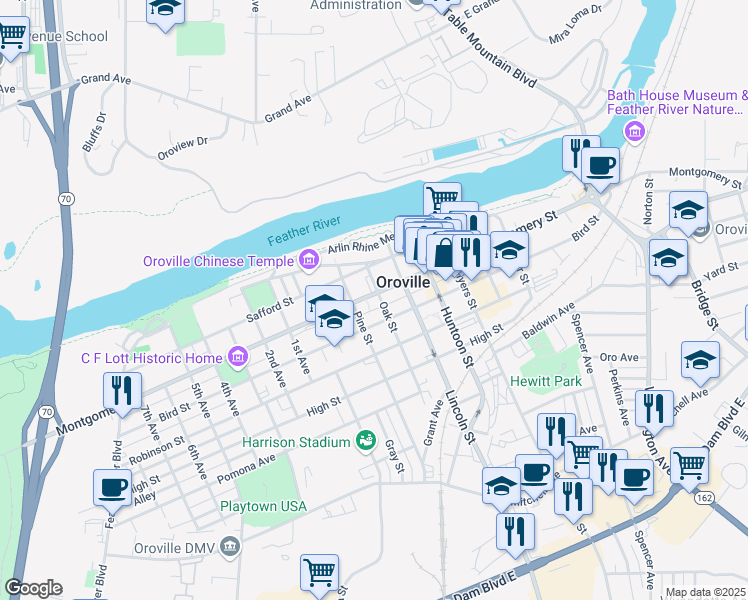 map of restaurants, bars, coffee shops, grocery stores, and more near 1675 Montgomery Street in Oroville