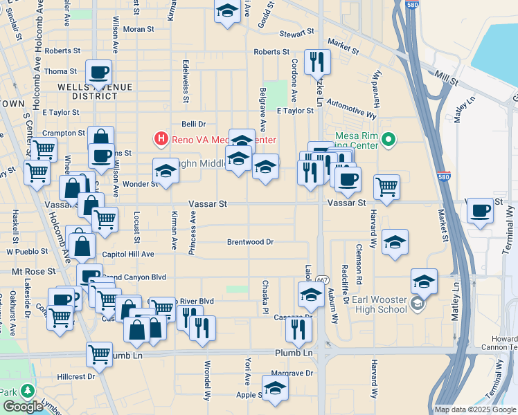 map of restaurants, bars, coffee shops, grocery stores, and more near 1060 Vassar Street in Reno