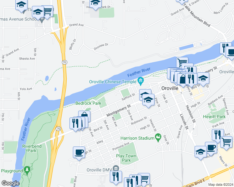 map of restaurants, bars, coffee shops, grocery stores, and more near 11 Hemstalk Court in Oroville