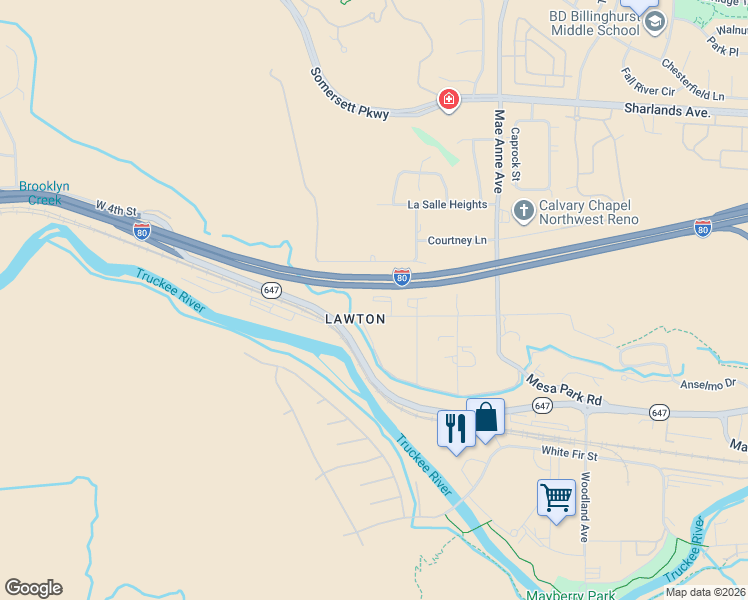 map of restaurants, bars, coffee shops, grocery stores, and more near 8455 Leroy Street in Reno