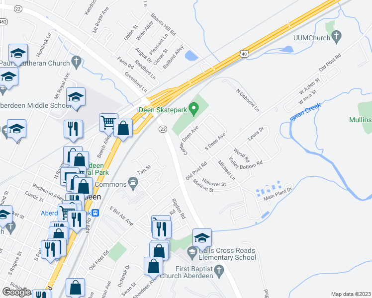 map of restaurants, bars, coffee shops, grocery stores, and more near 309 Center Deen Avenue in Aberdeen