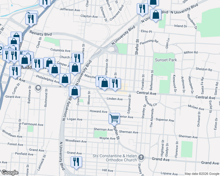 map of restaurants, bars, coffee shops, grocery stores, and more near 2113 Central Avenue in Middletown