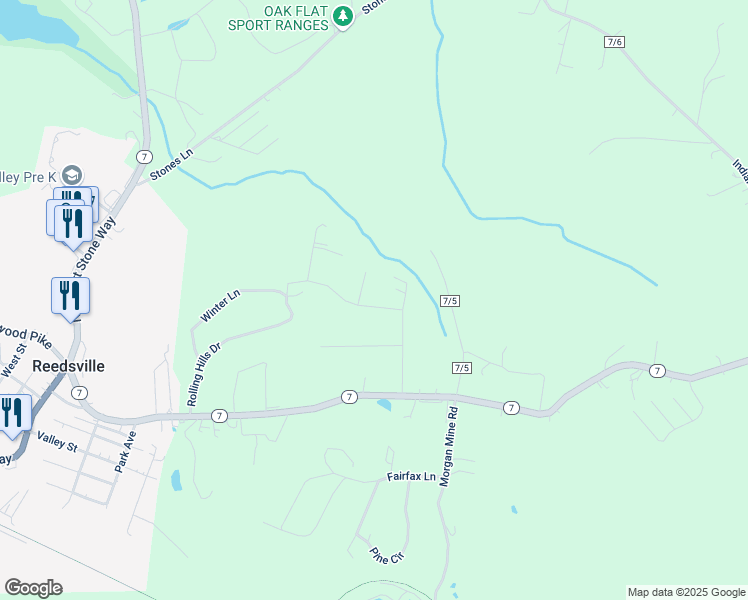 map of restaurants, bars, coffee shops, grocery stores, and more near 64 Mountaineer Drive in Reedsville