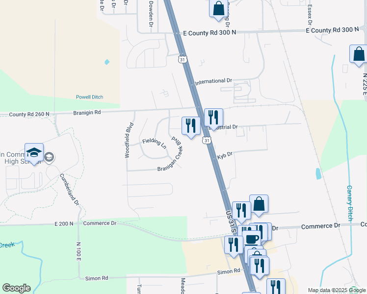 map of restaurants, bars, coffee shops, grocery stores, and more near 2713 Branigan Creek Boulevard in Franklin