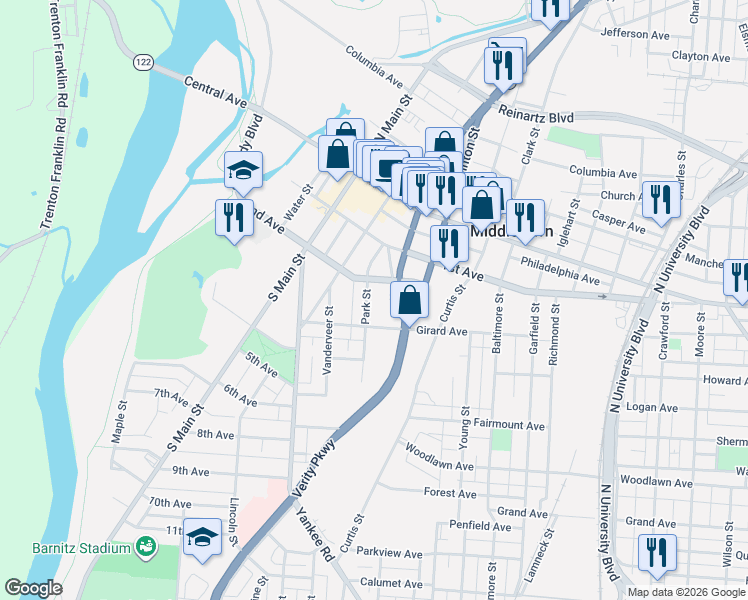 map of restaurants, bars, coffee shops, grocery stores, and more near 210 Verity Parkway in Middletown