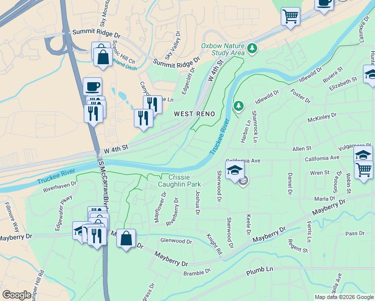 map of restaurants, bars, coffee shops, grocery stores, and more near 4184 Del Curto Drive in Reno