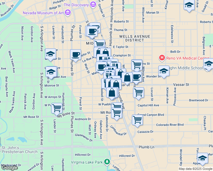 map of restaurants, bars, coffee shops, grocery stores, and more near 1074 Haskell Street in Reno