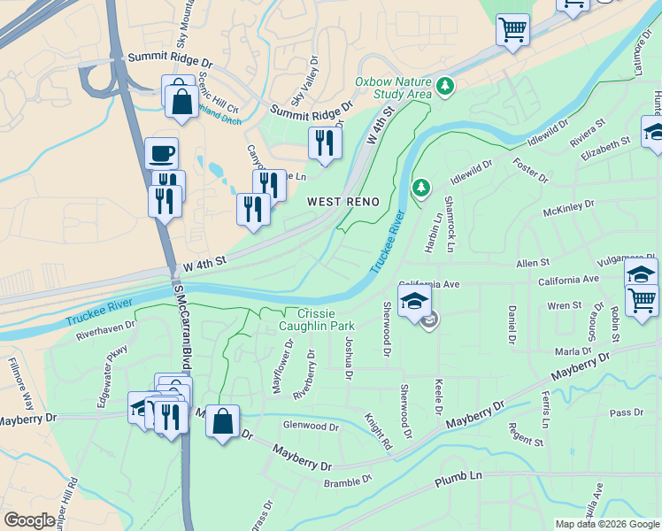 map of restaurants, bars, coffee shops, grocery stores, and more near 4184 Del Curto Drive in Reno
