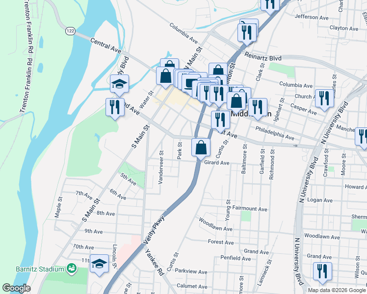 map of restaurants, bars, coffee shops, grocery stores, and more near 210 Verity Parkway in Middletown