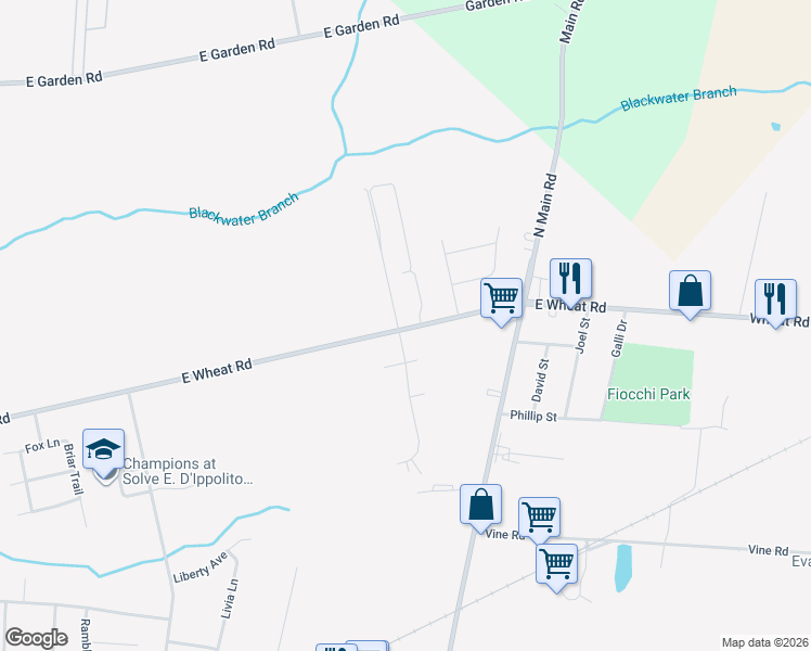 map of restaurants, bars, coffee shops, grocery stores, and more near 1512 East Wheat Road in Vineland