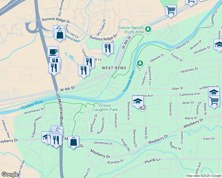 map of restaurants, bars, coffee shops, grocery stores, and more near 4184 Del Curto Drive in Reno