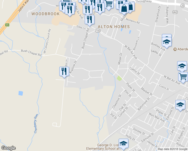map of restaurants, bars, coffee shops, grocery stores, and more near 352 Woodland Green Court in Aberdeen