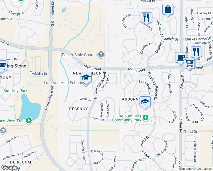 map of restaurants, bars, coffee shops, grocery stores, and more near 11204 Bayne Way in Parker