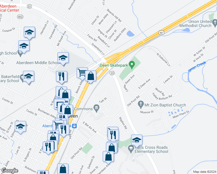 map of restaurants, bars, coffee shops, grocery stores, and more near 69 Taft Street in Aberdeen