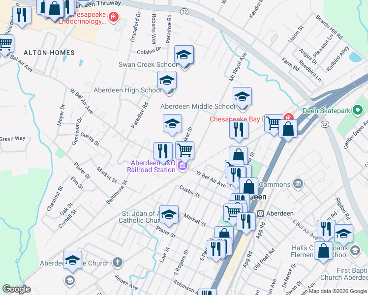 map of restaurants, bars, coffee shops, grocery stores, and more near 33 Baker Street in Aberdeen