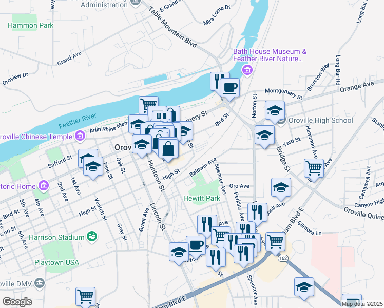 map of restaurants, bars, coffee shops, grocery stores, and more near 1480 Oliver Street in Oroville