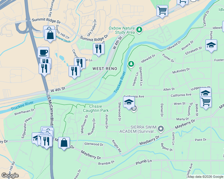 map of restaurants, bars, coffee shops, grocery stores, and more near 4190 Goodsell Lane in Reno