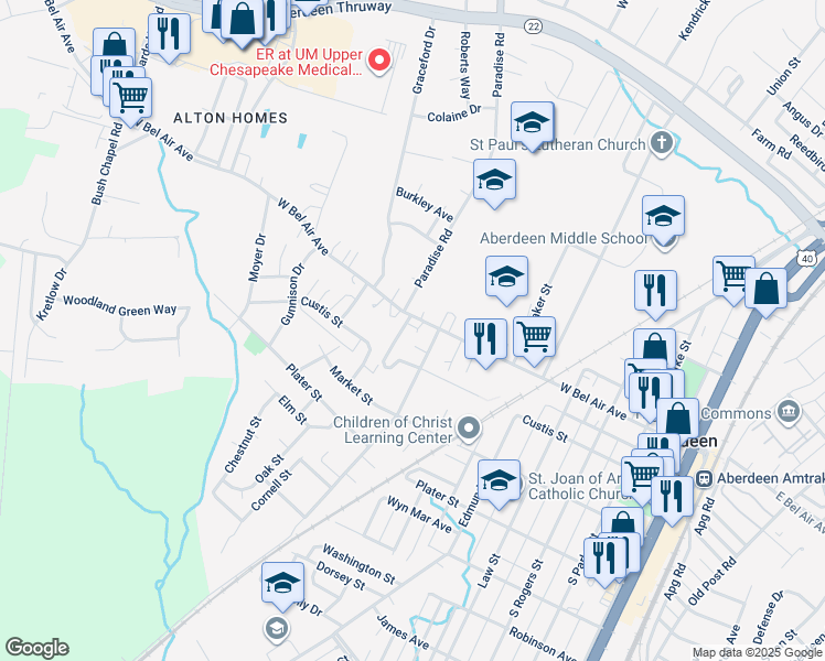 map of restaurants, bars, coffee shops, grocery stores, and more near 514 West Bel Air Avenue in Aberdeen