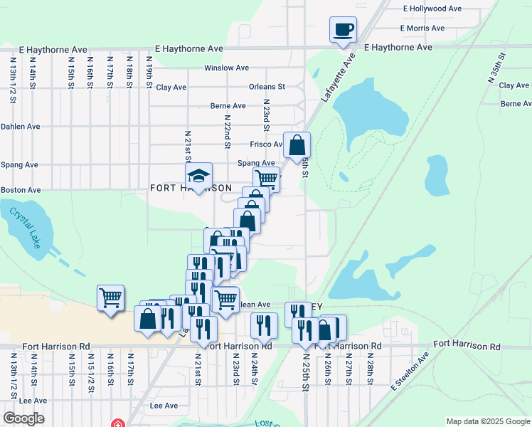 map of restaurants, bars, coffee shops, grocery stores, and more near 2253 Lafayette Avenue in Terre Haute